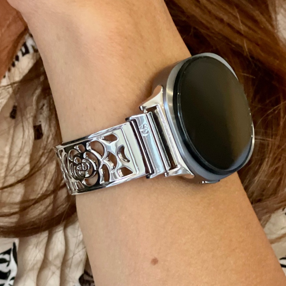 Silver Floral Stainless Steel Smartwatch Band - Fits Round Smartwatches - Picture 3 of 9